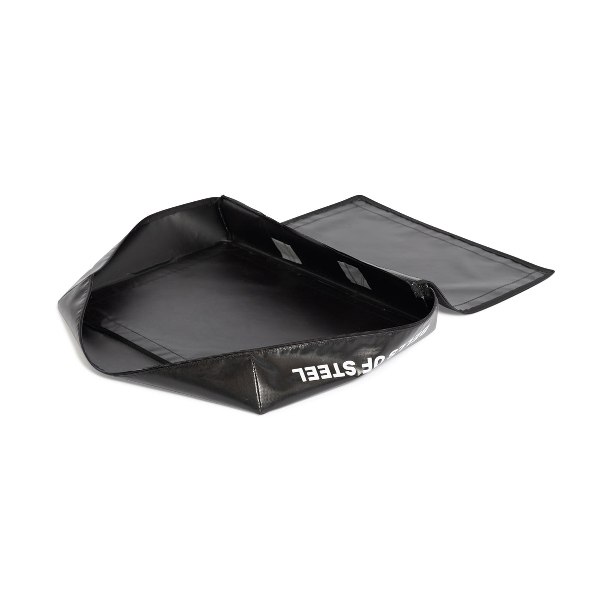 The Bells of Steel Deadlift Pad - Replacement Cover, made from durable 600 denier polyester, features a spacious black vinyl design with white text. Its unfolded form and detachable cover are showcased laid flat against a white background.