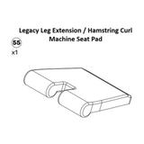 Line drawing of a Plate-Loaded Leg Extension Spare Part seat pad by Bells of Steel USA, featuring two cylindrical padded supports and a flat angled seat, typically used with Plate-Loaded Leg Extension machines. The text and the number 55 are displayed above and to the left of the image.