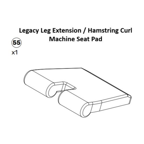 Line drawing of a Plate-Loaded Leg Extension Spare Part seat pad by Bells of Steel USA, featuring two cylindrical padded supports and a flat angled seat, typically used with Plate-Loaded Leg Extension machines. The text and the number 55 are displayed above and to the left of the image.