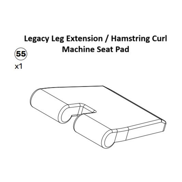 Line drawing of a Plate-Loaded Leg Extension Spare Part seat pad by Bells of Steel USA, featuring two cylindrical padded supports and a flat angled seat, typically used with Plate-Loaded Leg Extension machines. The text and the number 55 are displayed above and to the left of the image.