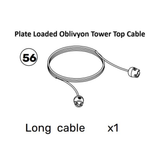 Line drawing of a coiled cable with connectors at both ends, labeled "Oblivyon Cable Tower Spare Parts." Text indicates "56" and "Long cable x1. Ideal for use with the Bells of Steel USA Oblivyon Tower weight stack system.
