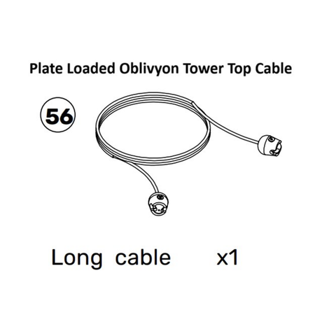 Line drawing of a coiled cable with connectors at both ends, labeled "Oblivyon Cable Tower Spare Parts." Text indicates "56" and "Long cable x1. Ideal for use with the Bells of Steel USA Oblivyon Tower weight stack system.