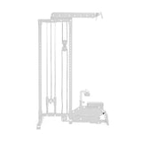 A grayscale image features the Bells of Steel Plate-Loaded Lat Pulldown Low Row Machine Cables, showcasing a tall frame with pulleys and adjustable weights for strength training, along with attachment points and replacement cables for versatile workouts.