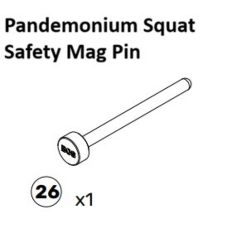 Here’s a rewritten sentence using the provided product data: Black and white diagram of the "26" Pandemonium Squat Machine Spare Part from Bells of Steel USA, displaying a single straight safety mag pin with a rounded head labeled "808," an essential component among squat machine spare parts.