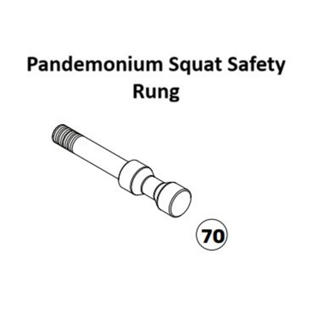 Black and white diagram of a metal rod labeled "Pandemonium Squat Safety Rung," featured as an essential component of the Bells of Steel USA Pandemonium Squat Machine Spare Parts, with the number 70 in a circle below it.