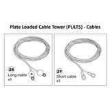 Diagram depicting two cables for the Cable Tower Spare Parts (STK-PULT4-MA / PULT5-MA) by Bells of Steel USA: one labeled "Long cable x1" with part number 28, and another labeled "Short cable x1" with part number 29. Both plate-loaded cables include connectors at each end to ensure secure attachment to the cable tower.