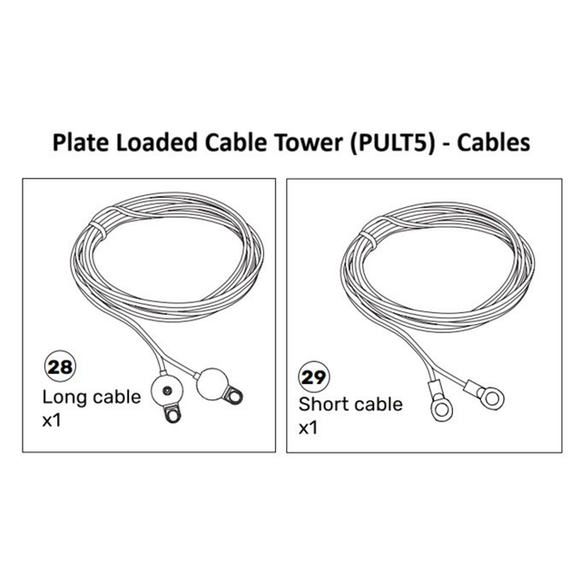 Diagram depicting two cables for the Cable Tower Spare Parts (STK-PULT4-MA / PULT5-MA) by Bells of Steel USA: one labeled "Long cable x1" with part number 28, and another labeled "Short cable x1" with part number 29. Both plate-loaded cables include connectors at each end to ensure secure attachment to the cable tower.