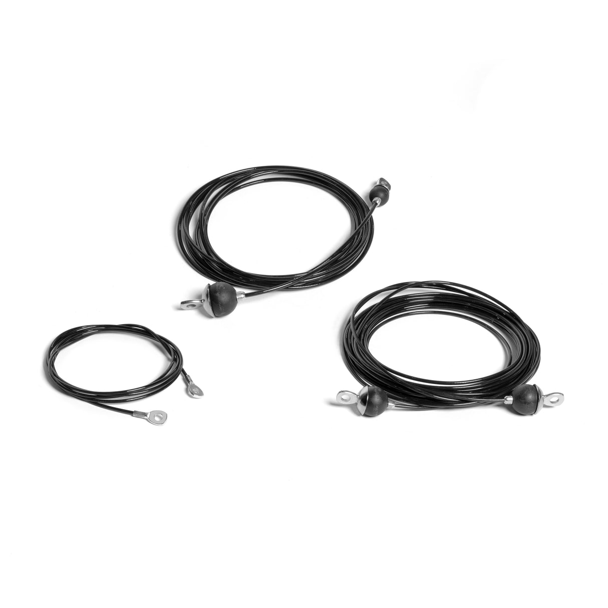 Three black replacement cables from Bells of Steel for the Selectorized All-in-One Trainer, are coiled neatly with metal eyelets at each end. Each coil is arranged separately on a white background.