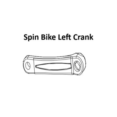 Line drawing of a spin bike left crank arm with holes at each end, shown under the label "Blitz Indoor Cycling Bike Spare Parts" in black text. Manufactured by Bells of Steel USA, this part is ideal as a replacement for Blitz Indoor Cycling Bike models or similar cycling bike spare parts.