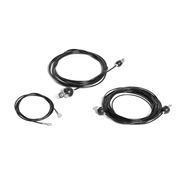 Three black Plate-Loaded All-in-One Trainer Cables from Bells of Steel, varying in size, are coiled with clear bulbs at the ends on a white background. Ideal for Plate-Loaded All-in-One Trainer Cables compatible upgrades.