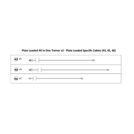 Diagram displaying three specific cables for the Bells of Steel USA All-in-One Trainer 2.0 Spare Parts, labeled 43, 45, and 46—each showcased in individual boxes and listed as quantity one—making them perfect as replacement or spare cables.