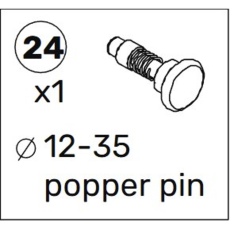 Labeled as part 24 with a quantity of one, this popper pin (size range 12-35) is depicted as a cylindrical pin featuring a knob and spring detail, designed as a replacement component for the Bells of Steel USA All-in-One Trainer 2.0 Spare Parts.