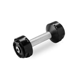 The NÜOBELL Replacement Handle by Nuobell is a black and silver adjustable dumbbell with a textured grip, ideal for versatile workouts. It features plus/minus-marked weight discs for easy adjustment and a sleek, modern design with diagonal positioning.