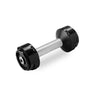 The NÜOBELL Replacement Handle by Nuobell is a black and silver adjustable dumbbell with a textured grip, ideal for versatile workouts. It features plus/minus-marked weight discs for easy adjustment and a sleek, modern design with diagonal positioning.