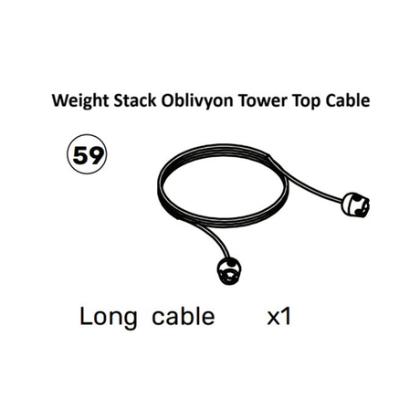 Black and white diagram of a "Weight Stack Oblivyon Tower Top Cable" (item 59) from Bells of Steel USA's Oblivyon Cable Tower Spare Parts, illustrating a single long cable with connectors on both ends and the text "x1." This essential part is engineered for seamless integration with the Plate Loaded Oblivyon Tower system.