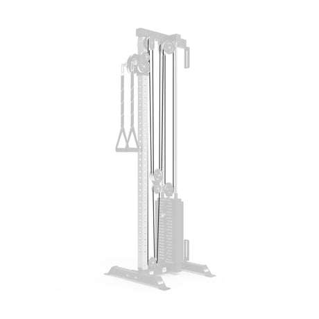 The Bells of Steel USA's Weight Stack Cable Tower features strong nylon cables, multiple pulleys, and a versatile weight stack. It includes an adjustable height system with a single handle attachment and a robust outlined frame.