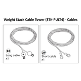 Diagram showing two types of Cable Tower Spare Parts (STK-PULT4-MA / PULT5-MA) from Bells of Steel USA: a long cable labeled "28" and a short cable labeled "29," each depicted as one coiled piece. Perfect replacements for plate-loaded cable systems or machines equipped with a cable tower selector knob.