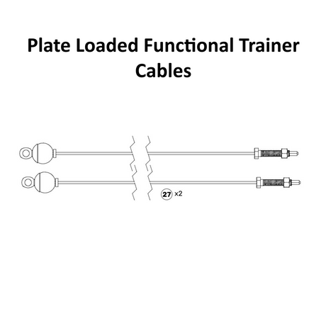 Black and white diagram of two Bells of Steel USA Functional Trainer Spare Parts cables, each featuring a loop on one end and a threaded end with a spring. Text above reads “Functional Trainer Spare Parts.” The label “27 x2” is shown between the cables, typical for both Plate Loaded and Weight Stack versions.