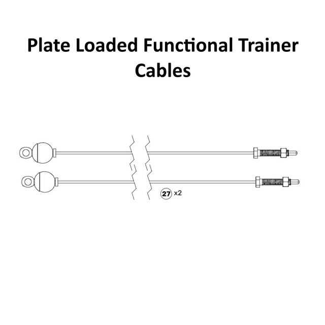Black and white diagram of two Bells of Steel USA Functional Trainer Spare Parts cables, each featuring a loop on one end and a threaded end with a spring. Text above reads “Functional Trainer Spare Parts.” The label “27 x2” is shown between the cables, typical for both Plate Loaded and Weight Stack versions.