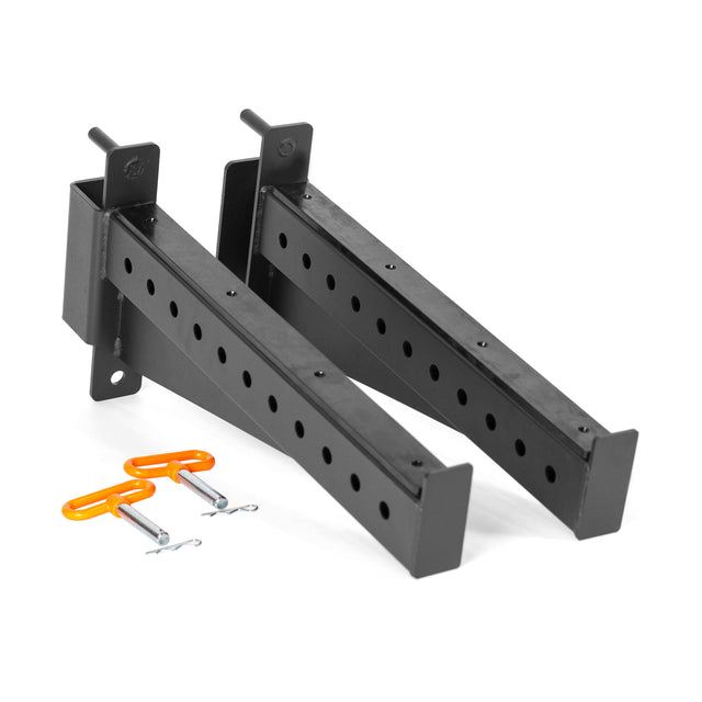 The Bells of Steel Spotter Arms Rack Attachment features heavy-duty black metal adjustable brackets with multiple customization holes, and includes two orange safety pins. It's ideal for protecting barbells when used in fitness equipment to secure weights or bars.