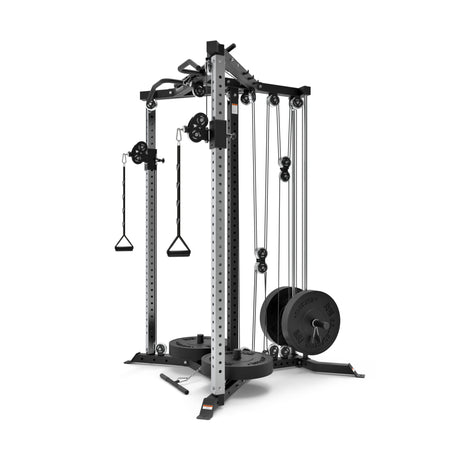 The Bells of Steel All-in-One Trainer includes adjustable pulleys, weight stacks, and various handles for gym resistance training. It features a sleek design with a sturdy metal frame and compact footprint.