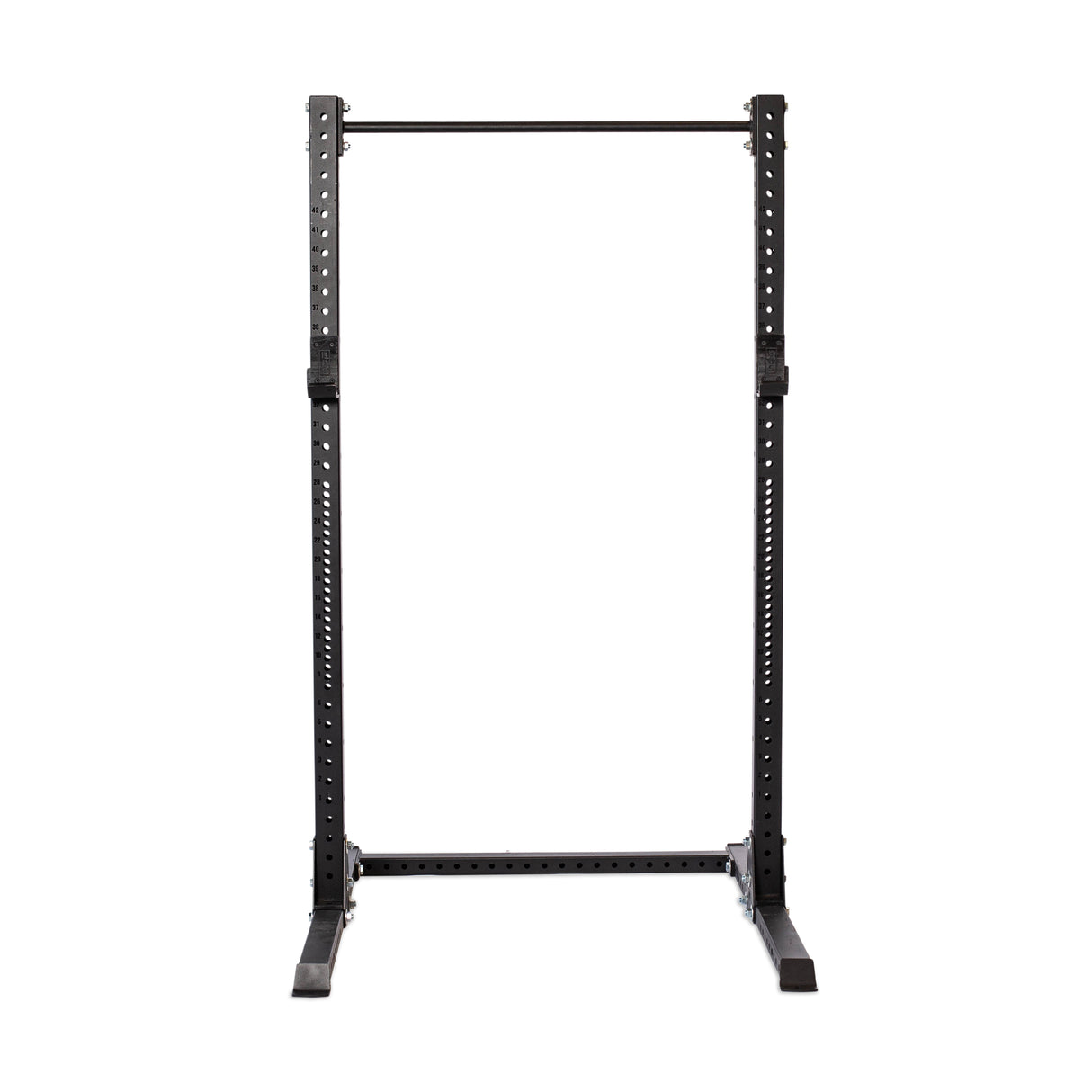 The Bells of Steel Hydra Squat Stand, prebuilt with 3" x 3" black metal and ⅝" adjustable holes, is ideal for a home gym. It features a pull-up bar and modular parts for weightlifting equipment, standing on a flat white surface.