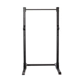 The Bells of Steel Hydra Squat Stand Builder features two vertical supports, a top horizontal pull-up bar, multiple ⅝" adjustment holes, and sturdy base supports. Its black metal design is perfect for any home gym setup with a plain white background.