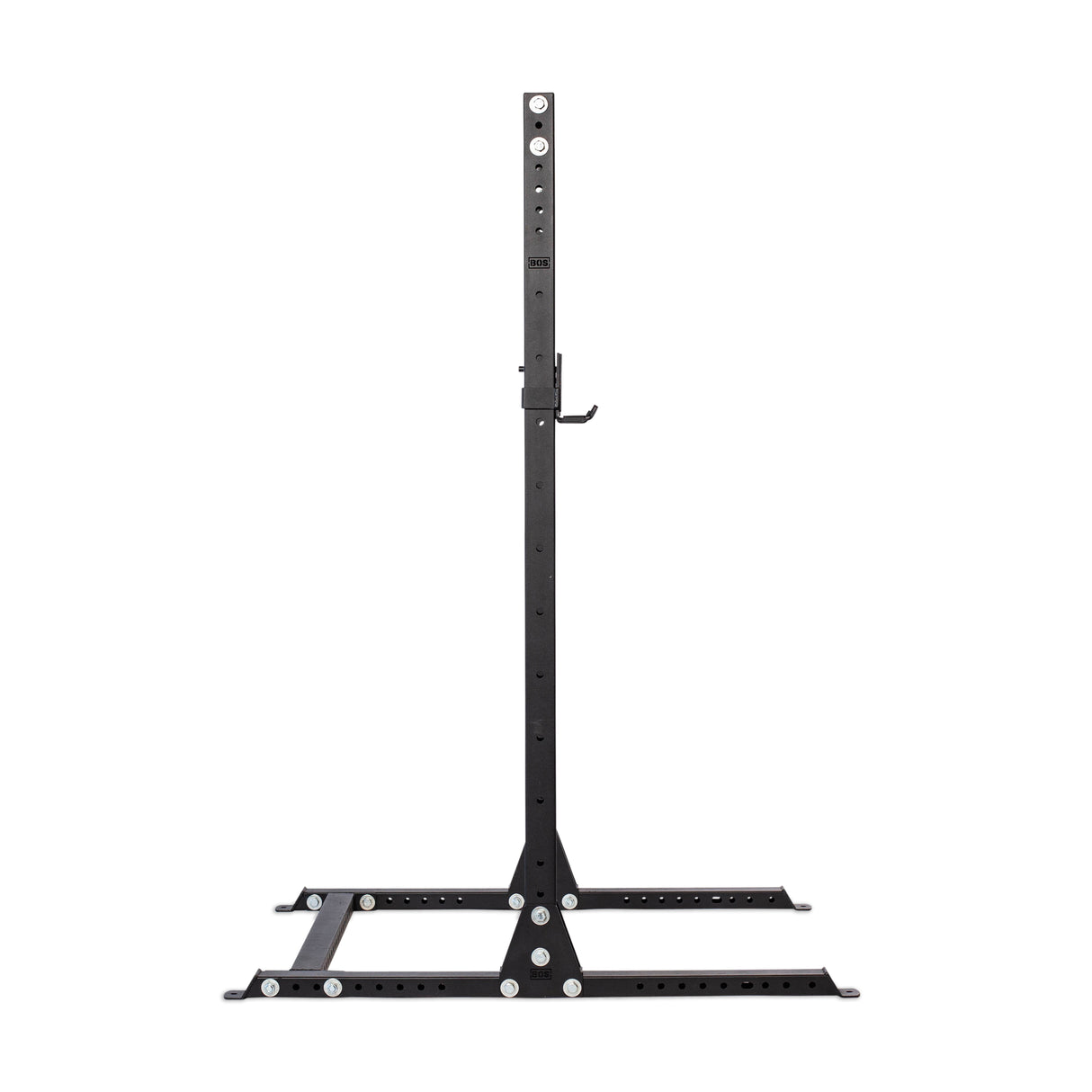 The Bells of Steel Hydra Squat Stand is a sleek black steel rack designed for home gyms, featuring adjustable hooks and a sturdy base. With ⅝" holes for height adjustment and stability bolts at the bottom, it stands on a plain white background offering modular functionality.