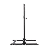 The Bells of Steel Hydra Squat Stand is a sleek black steel rack designed for home gyms, featuring adjustable hooks and a sturdy base. With ⅝" holes for height adjustment and stability bolts at the bottom, it stands on a plain white background offering modular functionality.