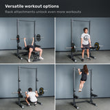 Four-panel image of people using the Bells of Steel Manticore Squat Stand - Prebuilt (3" x 3", 1" Holes) for bench press, deadlift, squat, and pull-ups against a gray wall—showcasing this versatile stand's rack attachments and full-body workout options. Ideal for any home gym or anyone wanting to upgrade from a basic squat stand.