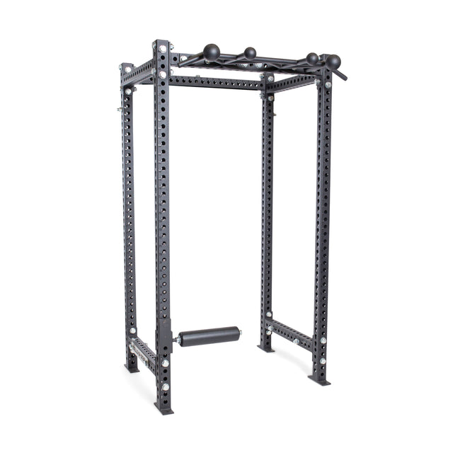 The Bells of Steel Split Squat Leg Roller Rack Attachment is a black power rack featuring a sturdy steel frame with adjustable safety bars, a pull-up bar, and multiple grip options. Numerous height adjustment holes and the included squat attachment suit weightlifting exercises like squats and bench presses.