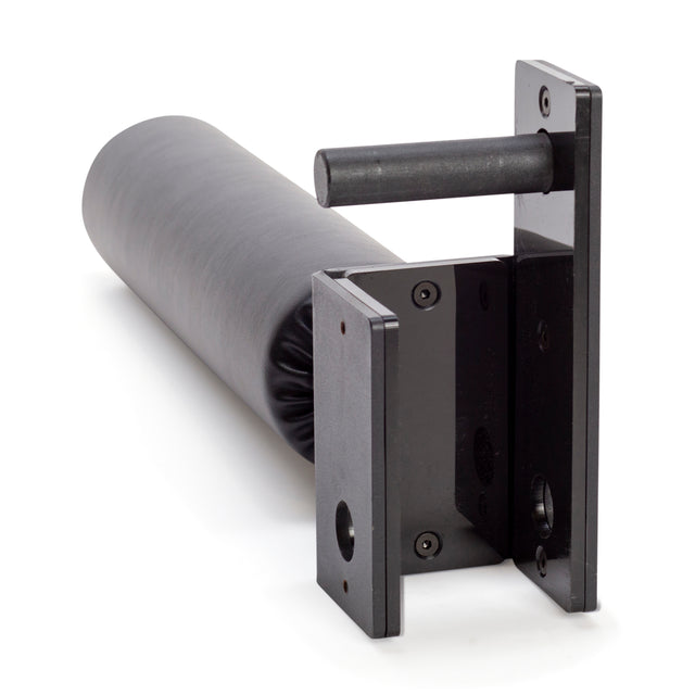 The Bells of Steel Split Squat Leg Roller Rack Attachment is a black, cylindrical foam roller with a mounting bracket for wall installation, ideal for enhancing exercise routines or physical therapy.