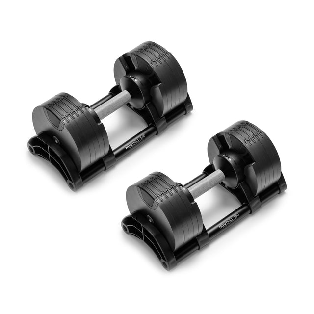 The NÜOBELL Adjustable Dumbbells by Nuobell feature knurled silver handles, machined steel weight plates, and are showcased on a white background.