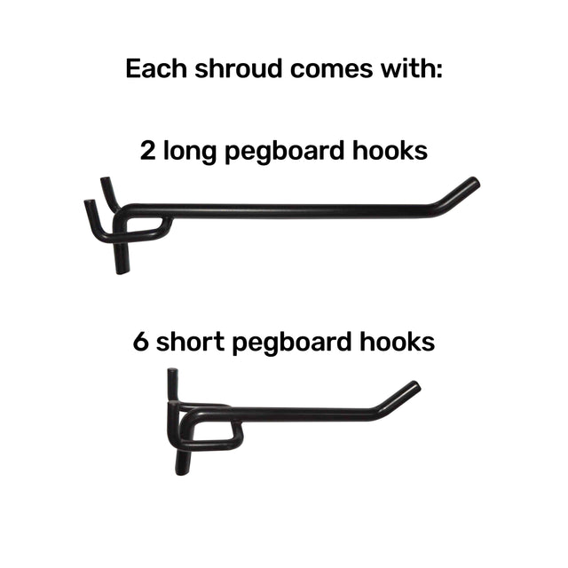 An image with text reads, "Each Kraken Weight Stack Shroud (Single Side) comes with: 2 long pegboard hooks" above a long hook and "6 short pegboard hooks" above a short hook, both in black—perfect for organizing your rack-mounted functional trainer accessories. Brand: Bells of Steel.