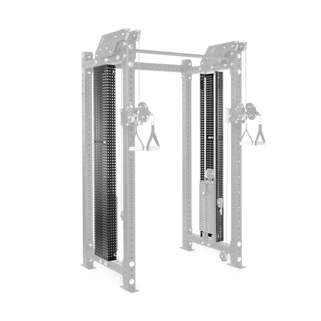 Image of the Kraken Weight Stack Shroud (Single Side) by Bells of Steel, ideal for home gyms. This power rack has a sturdy metal frame with adjustable cable handles and multiple holes, ensuring durability and customization for various strength training exercises.