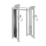 Image of Bells of Steel's Kraken Weight Stack Shroud (Single Side), featuring a sleek metal rack with dual pulleys and side handles. The open frame, with perforated metal for adjustable components, is ideal for home gym strength training.