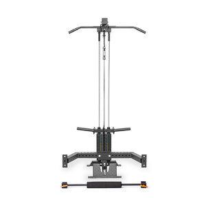 The Bells of Steel Lat Pulldown & Low Row Rack Attachment - Hydra & Manticore boasts a steel frame, adjustable weights, dual pulleys, cable handles, a base platform, a barbell for balance or foot placement, and an integrated lat pulldown attachment.