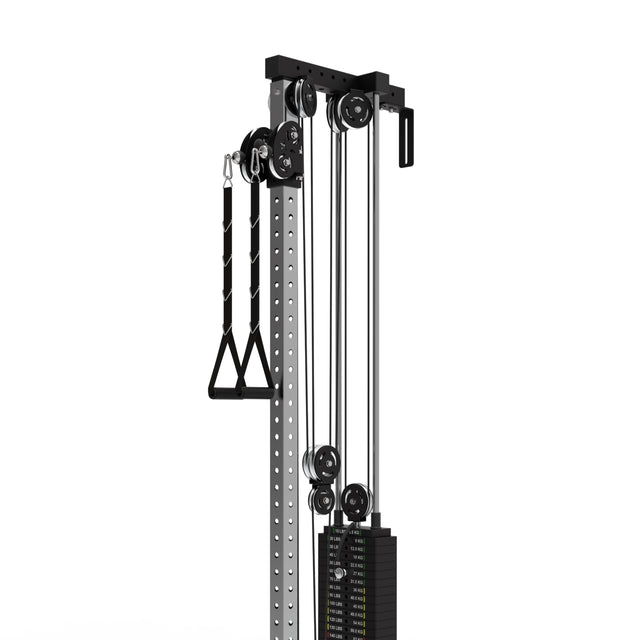 The Bells of Steel Cable Tower features adjustable weights, pulleys, and a triangle grip handle. Its robust metal frame allows for multiple customization options and is ideal for strength training with a versatile weight stack and adjustable handles.