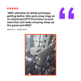 A customer review praises Bells of Steel’s attention to detail on the Fat Bar - Straight Handle Bar, highlighting unique snap rings. A photo shows a textured black bar with the BOS logo in a cable machine gym setup.