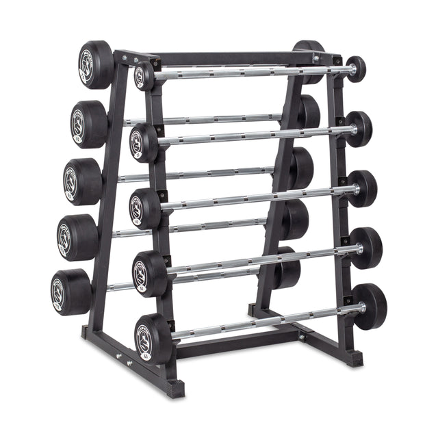 The Bells of Steel Fixed Barbells - Straight Handle set, featuring black weights with white logos, is arranged from largest at the bottom to smallest on a sleek black rack. Evenly spaced with precise increments, it's perfect for barbell exercises.