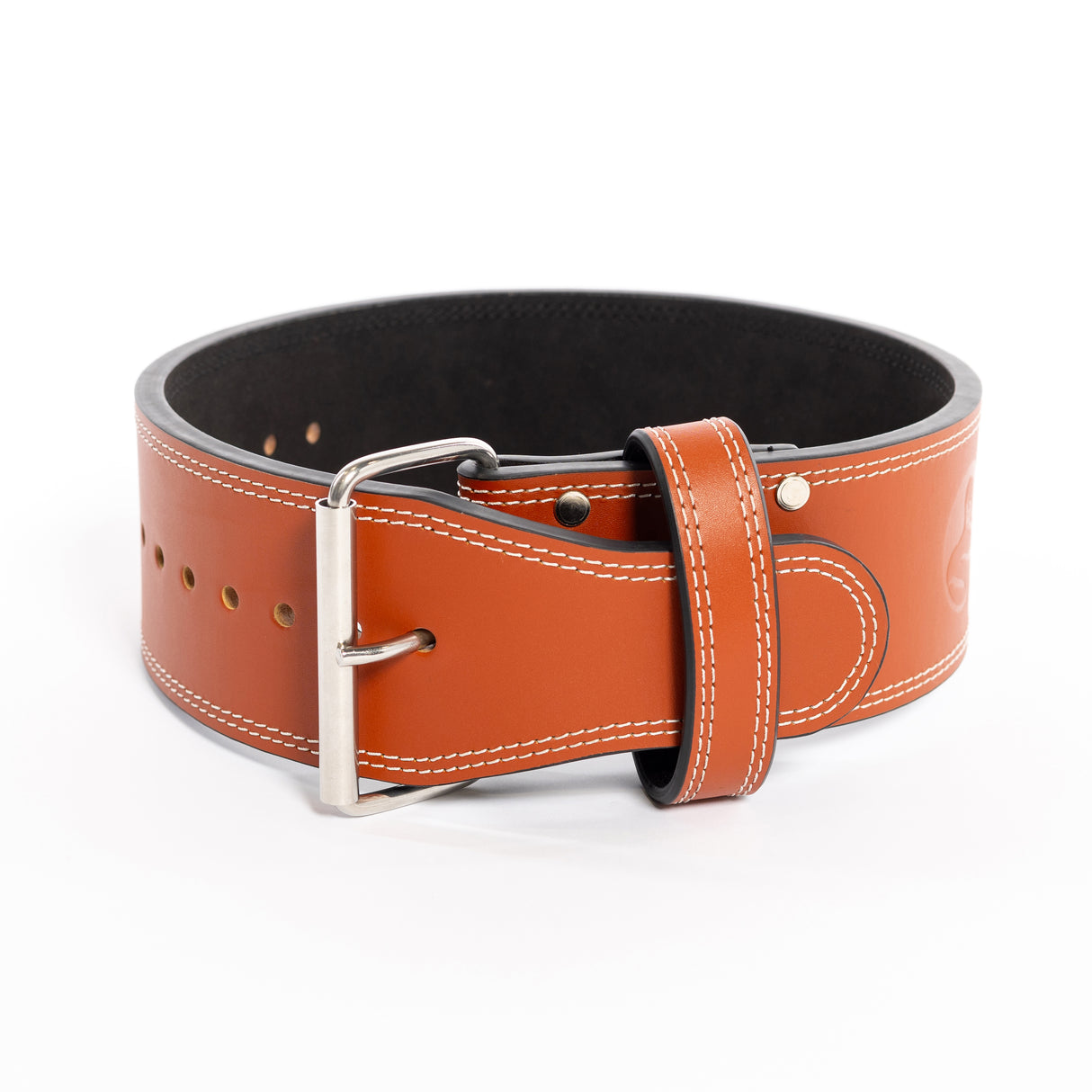 The 10mm Leather Weightlifting Belt by Bells of Steel USA combines durable leather with white stitching and a silver single-prong buckle, featuring adjustable holes for reliability and a sleek design.