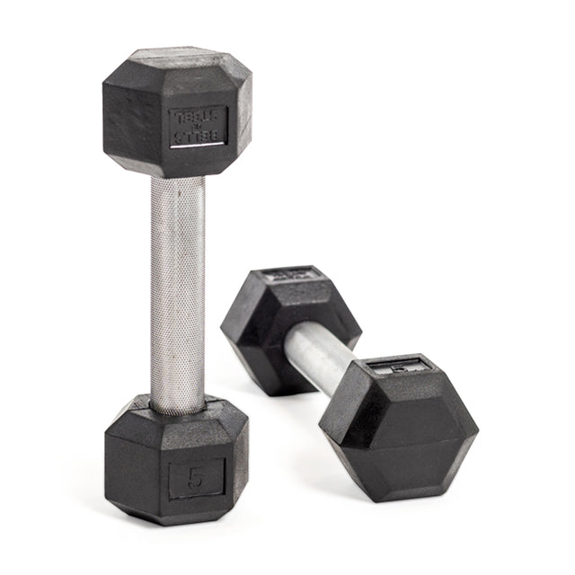 Two black rubber hex dumbbells from the Bells of Steel Straight Handle Rubber Hex Dumbbell Sets lie on a white background. One is flat, and the other leans against it, displaying "5" on its end.