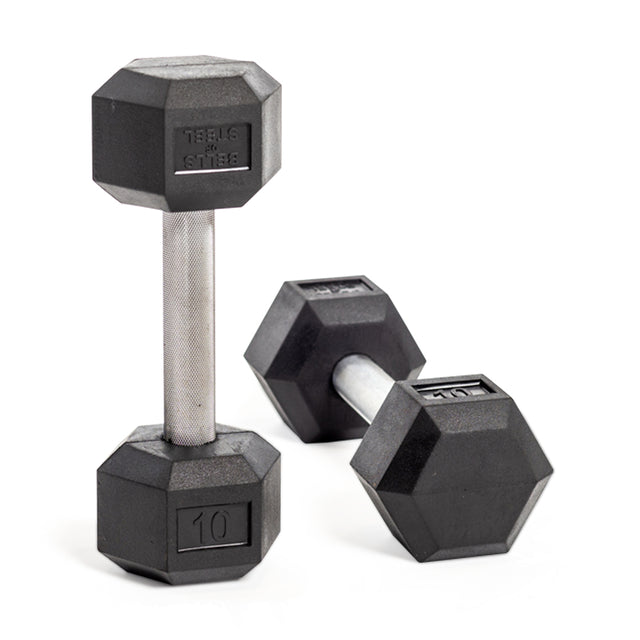 Two Bells of Steel Straight Handle Rubber Hex Dumbbells are on a white background, displaying commercial-grade quality. One stands upright with the "10" mark, while the other lays flat. Both have textured chrome-plated handles.