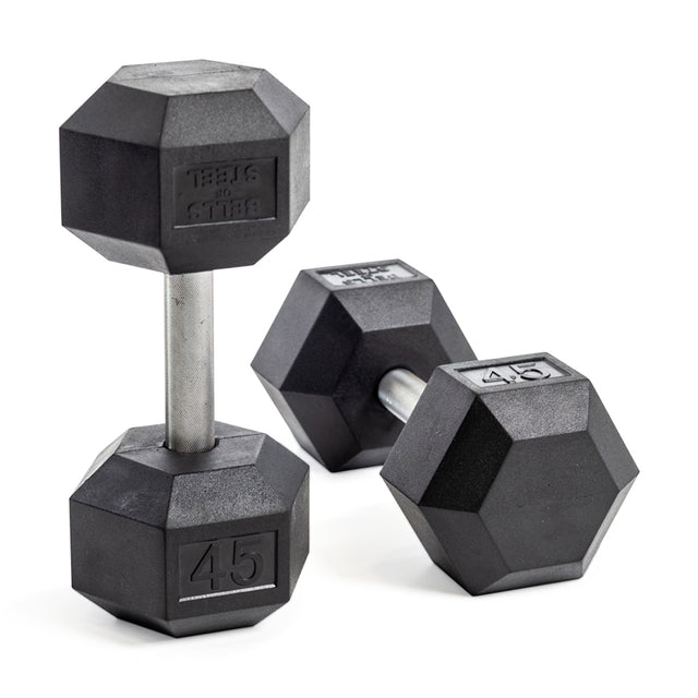 Two Bells of Steel Straight Handle Rubber Hex Dumbbells rest on a white background. They feature chrome-plated handles, with "45" embossed to indicate pounds. The commercial-grade, black rubber dumbbells are positioned at different angles.