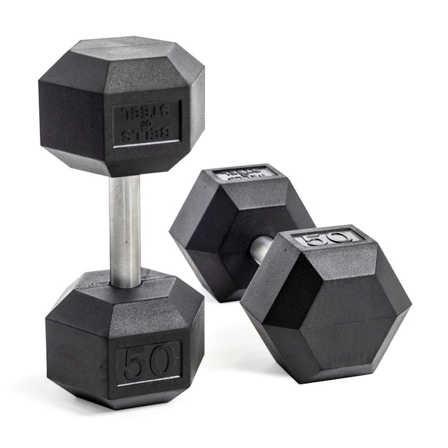 Two black rubber hex dumbbells with chrome-plated handles from Bells of Steel's Straight Handle Rubber Hex Dumbbell Sets are positioned upright and laying down on a plain white background, each commercial-grade quality dumbbell featuring "50" embossed on its flat surfaces.