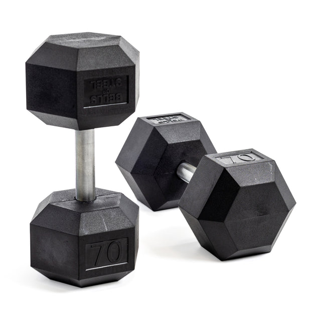 The image shows a pair of Bells of Steel Straight Handle Rubber Hex Dumbbell Sets with chrome-plated handles. One dumbbell features the number 70 against a white background, indicating its weight.