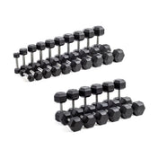 Two sets of Straight Handle Rubber Hex Dumbbell Sets by Bells of Steel, with shiny chrome handles, are orderly arranged in increasing weight on a plain white background. These sleek black dumbbells await your next lift.