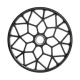 A circular black item featuring a web-like geometric pattern with pentagonal and hexagonal shapes radiating from the center, similar to weight plates, reminiscent of Bells of Steel's Technique Plates - 5 Lbs (Pair) with a virgin rubber coating.