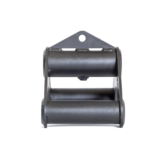 The Bells of Steel Fat Bar - T-Bar Row Cable Attachment is a black industrial bracket with two cylindrical rollers designed for guiding cables or materials. It has a triangular mounting plate with a top hole for easy installation.