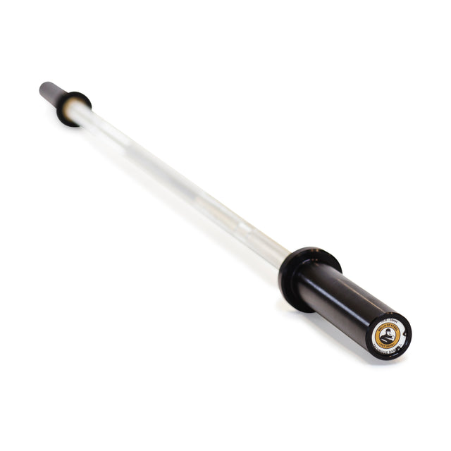 The Bells of Steel Aluminum Technique Barbell, featuring black ends, is positioned diagonally against a white background, offering a sleek option for perfecting barbell lifts.